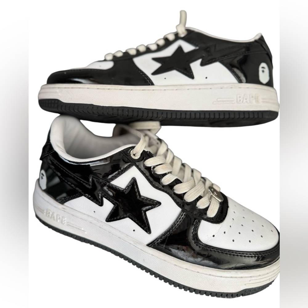 Bape Men Bapestas  leather black white sneakers shoes, 7